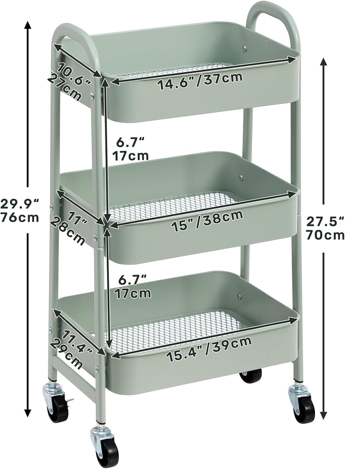 Metal Storage Trolley on Wheels Kitchen Trolley Craft Trolleys | 3-Tier Trolleys for Book Beauty Rolling Utility Storage Cart for Living Room Bedroom Bathroom Office, Teal