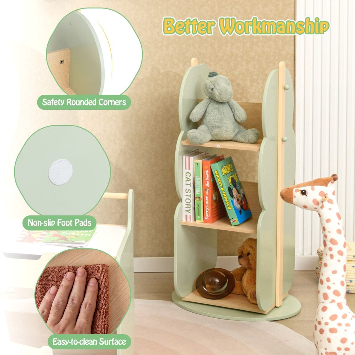 360° Display Corner Book Shelf with Side Hooks for Small Space