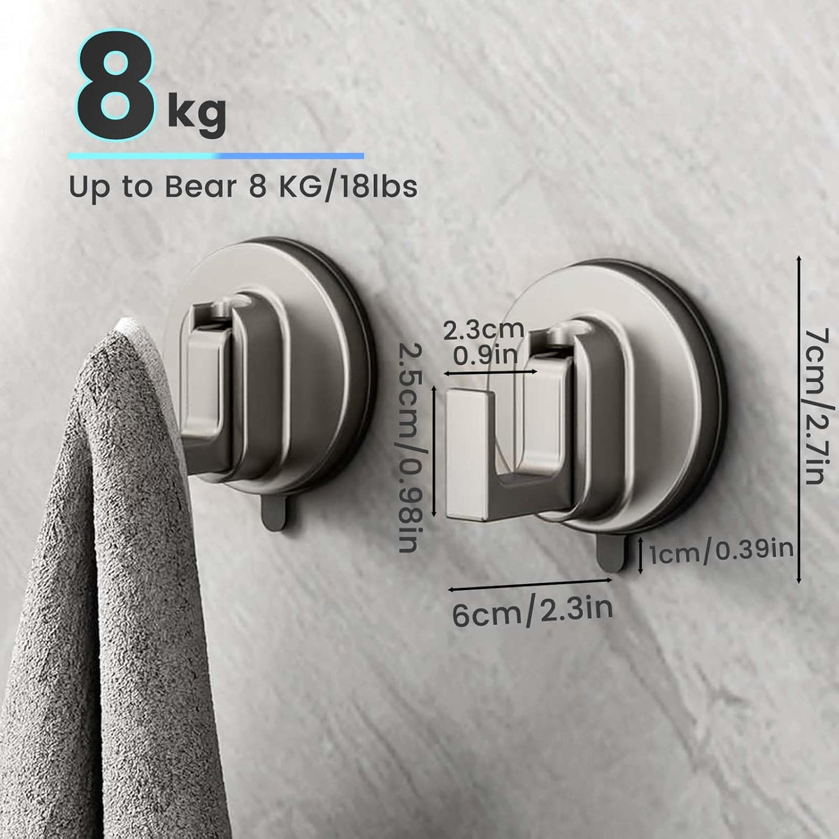 2PCS Space Aluminum Suction Hooks,Stainless Steel Suction Cup Hooks for Shower,Vacuum Suction Hooks for Bathroom,8Kg Removable Heavy Duty Hooks,Reusable Towel Hooks Kitchen Matte Black