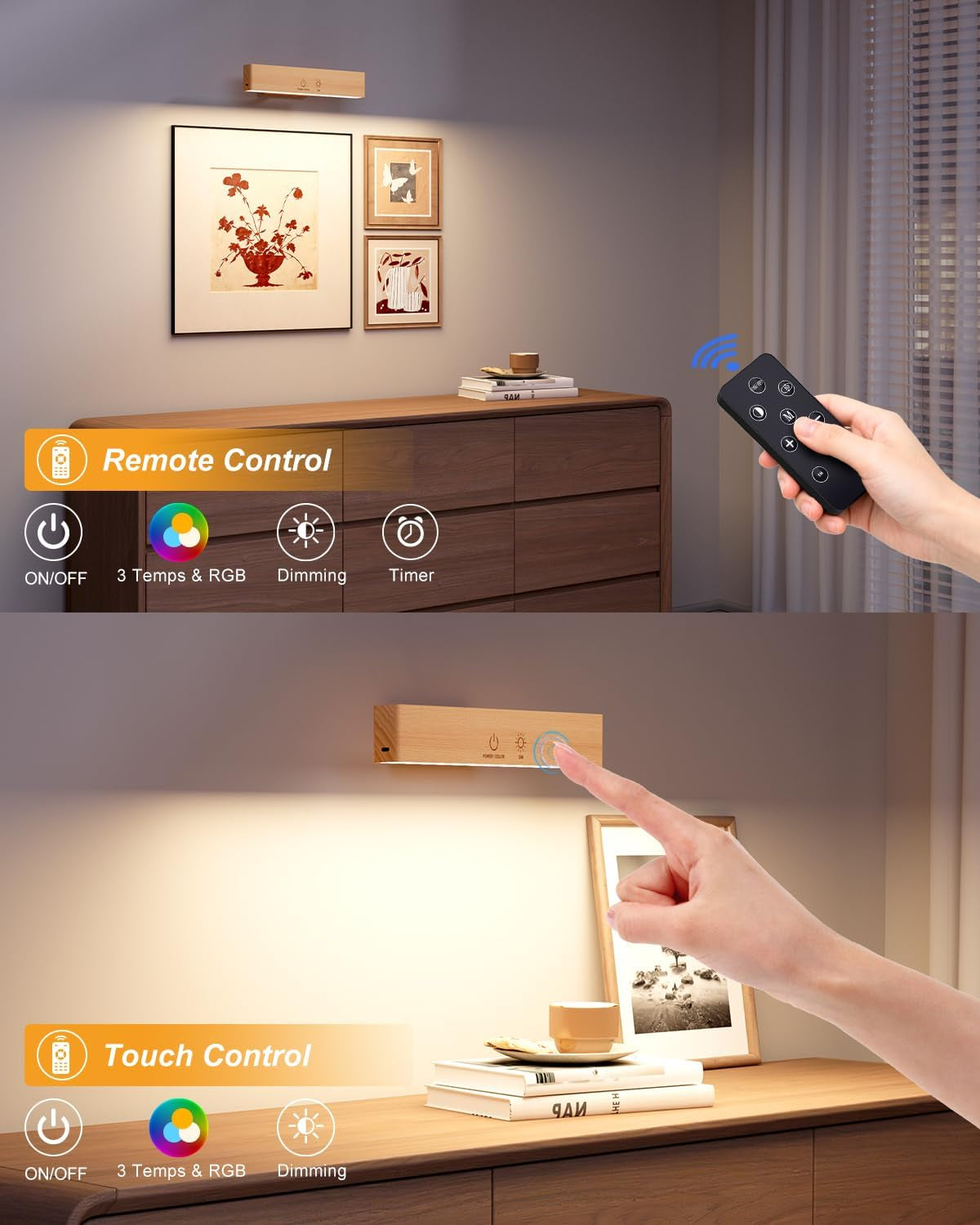 Rechargeable Wall Lights Indoor Beech Wood with Remote,5200Mah Battery Operated Wall Lights,Magnetic,Stick On,Dimmable RGB & 3 Colour Temperature,Wireless Wall Mounted Reading Lights for Bedroom 1Pack