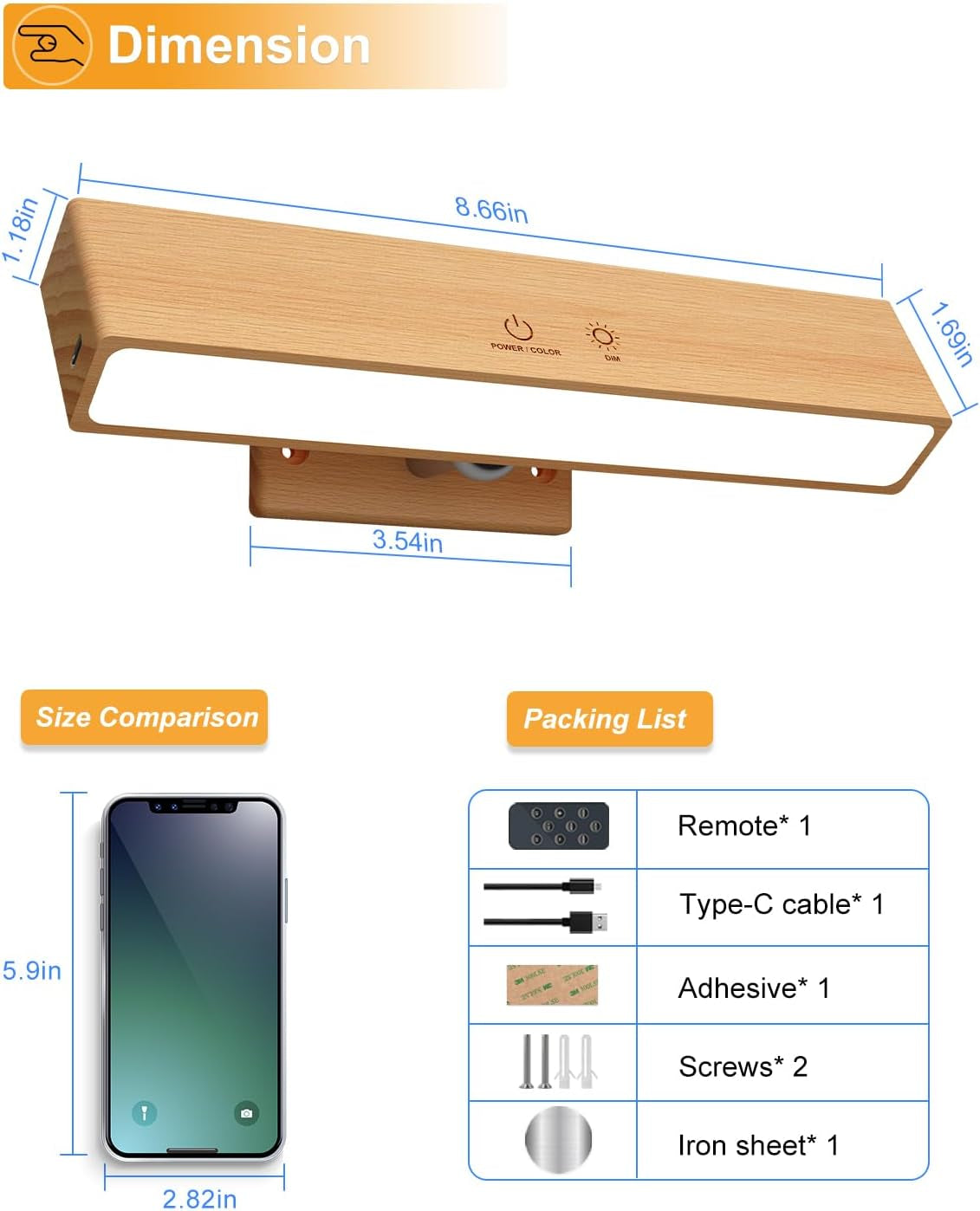 Rechargeable Wall Lights Indoor Beech Wood with Remote,5200Mah Battery Operated Wall Lights,Magnetic,Stick On,Dimmable RGB & 3 Colour Temperature,Wireless Wall Mounted Reading Lights for Bedroom 1Pack