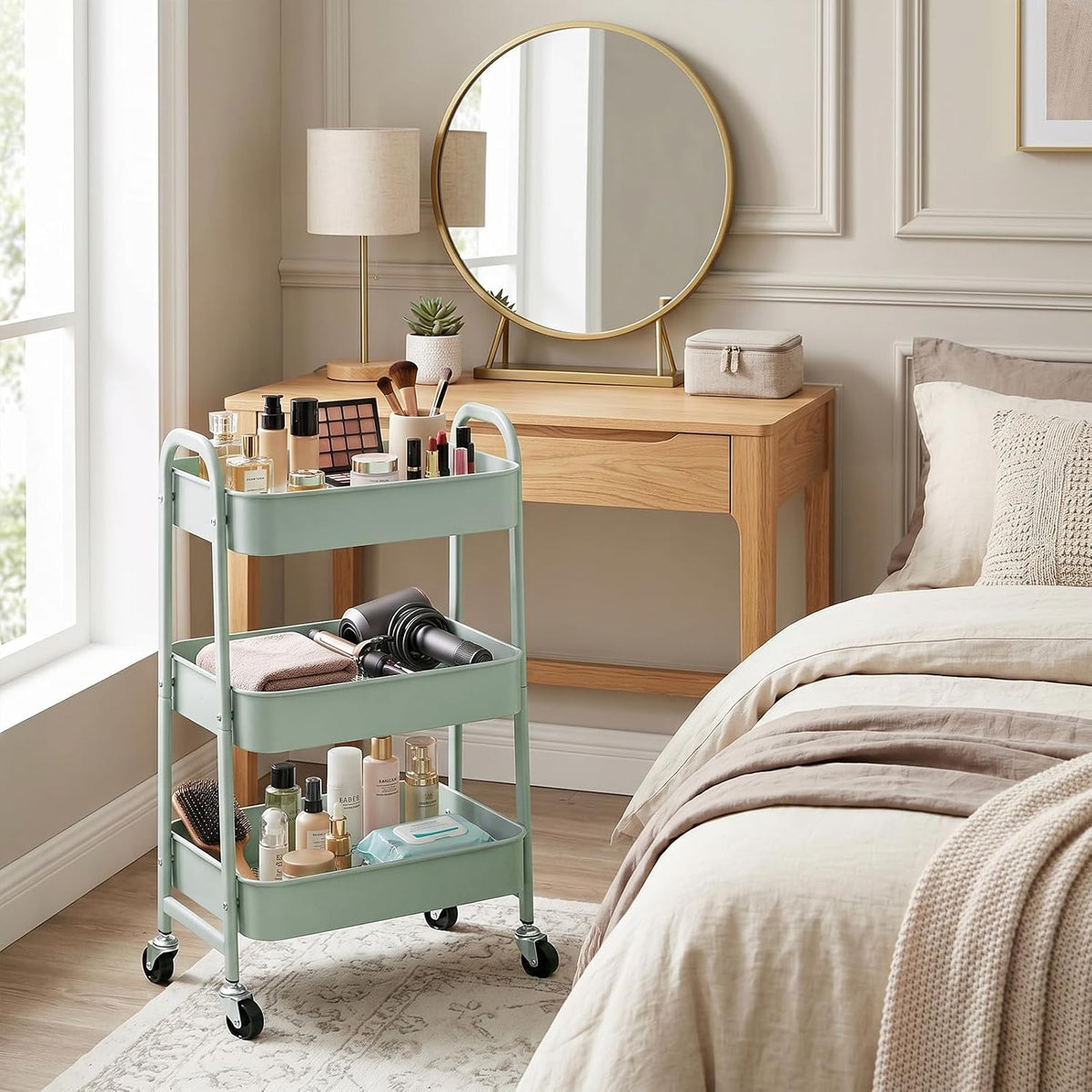 Metal Storage Trolley on Wheels Kitchen Trolley Craft Trolleys | 3-Tier Trolleys for Book Beauty Rolling Utility Storage Cart for Living Room Bedroom Bathroom Office, Teal