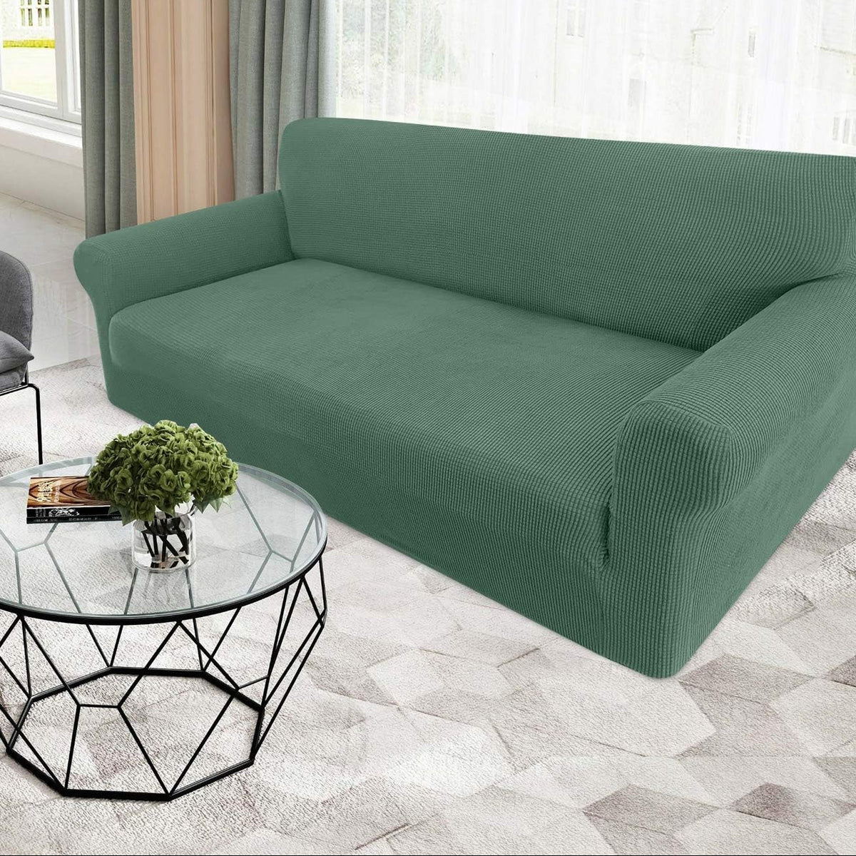 High Stretch Sofa Covers 4 Seater Soft Extra Large Couch Covers for Dogs Cats Jacquard Spandex Non Slip Sofa Slipcover Furniture Protector with Elastic Bottom (4 Seater, Matcha Green)