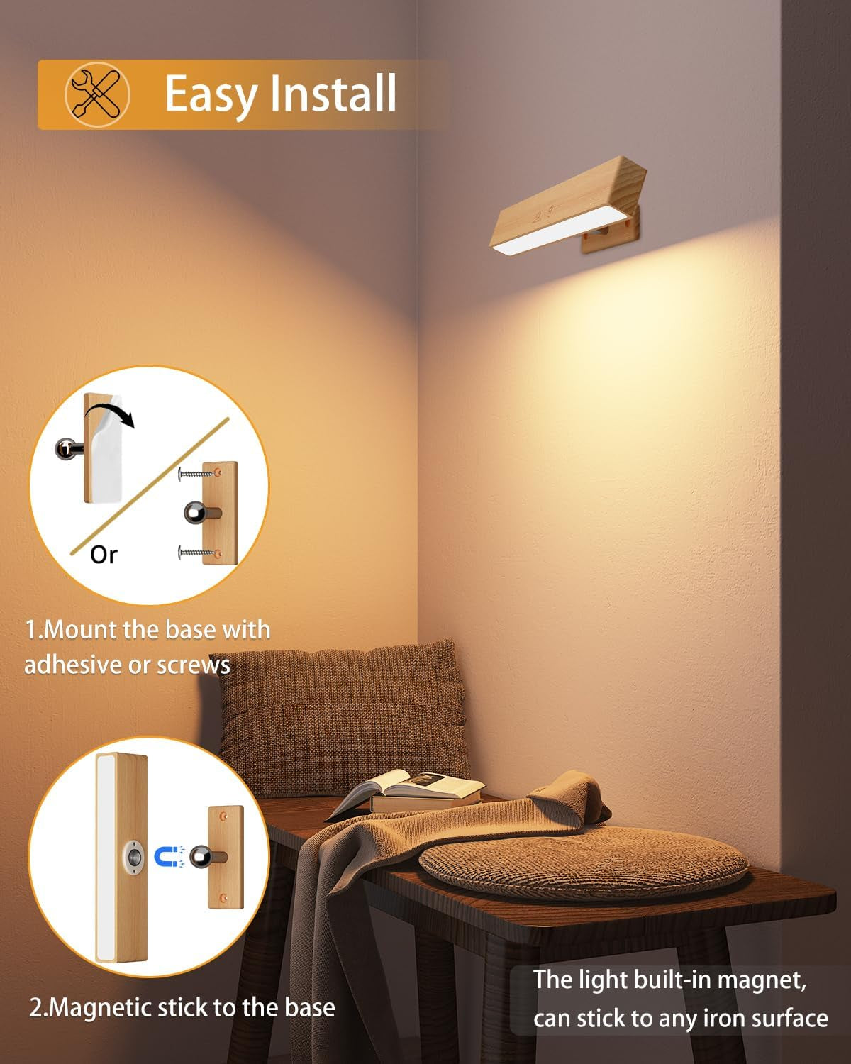 Rechargeable Wall Lights Indoor Beech Wood with Remote,5200Mah Battery Operated Wall Lights,Magnetic,Stick On,Dimmable RGB & 3 Colour Temperature,Wireless Wall Mounted Reading Lights for Bedroom 1Pack