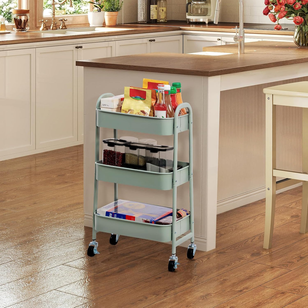 Metal Storage Trolley on Wheels Kitchen Trolley Craft Trolleys | 3-Tier Trolleys for Book Beauty Rolling Utility Storage Cart for Living Room Bedroom Bathroom Office, Teal