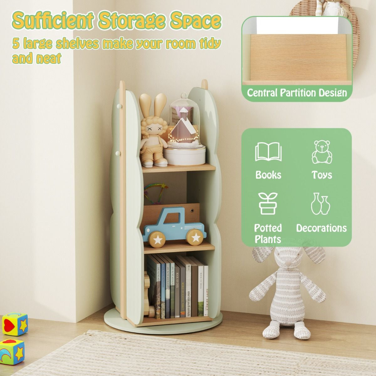 360° Display Corner Book Shelf with Side Hooks for Small Space